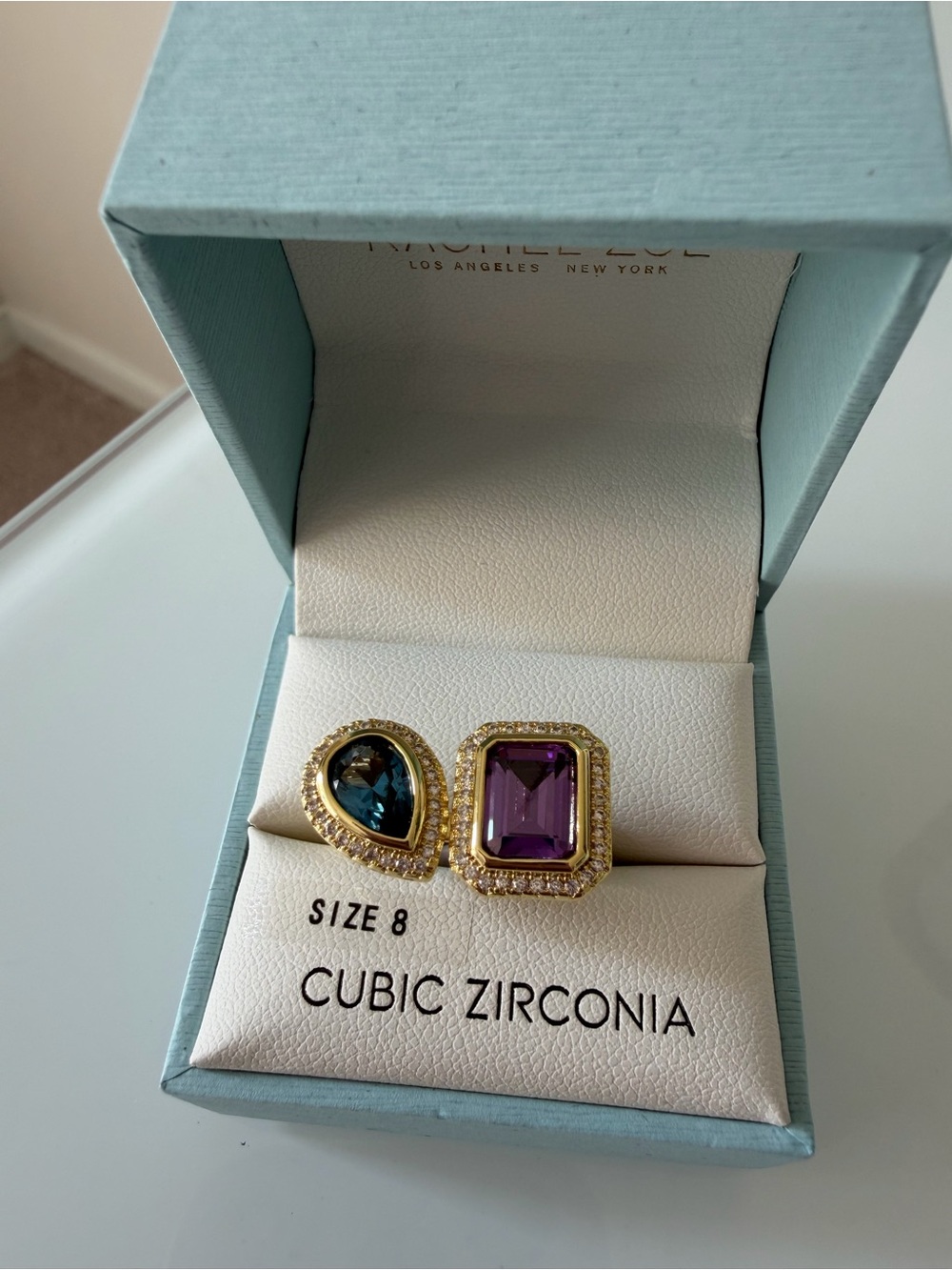 Gold blue pear purple baguette cubic zirconia Ring